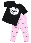 2016 Kids Baby Girls summer clothes set 2pcs suit Lips Tops and eyelash Pink Pant children's clothing sets